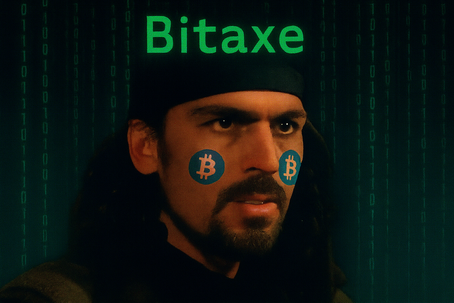 Person with Bitcoin symbols on face with 'Bitaxe' text against digital background